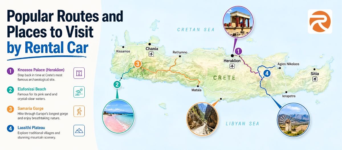Popular routes and places to visit by rental car in Crete