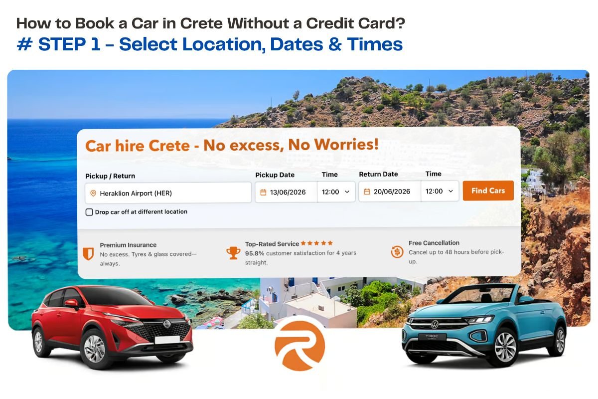 Step 1 of booking a car in Crete without a credit card &mdash; opening the booking engine