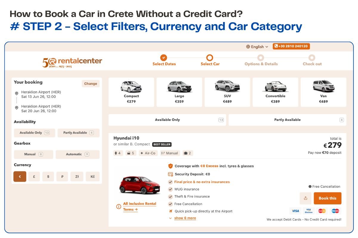 Step 2 of booking a car in Crete without a credit card &mdash; entering dates and pickup location