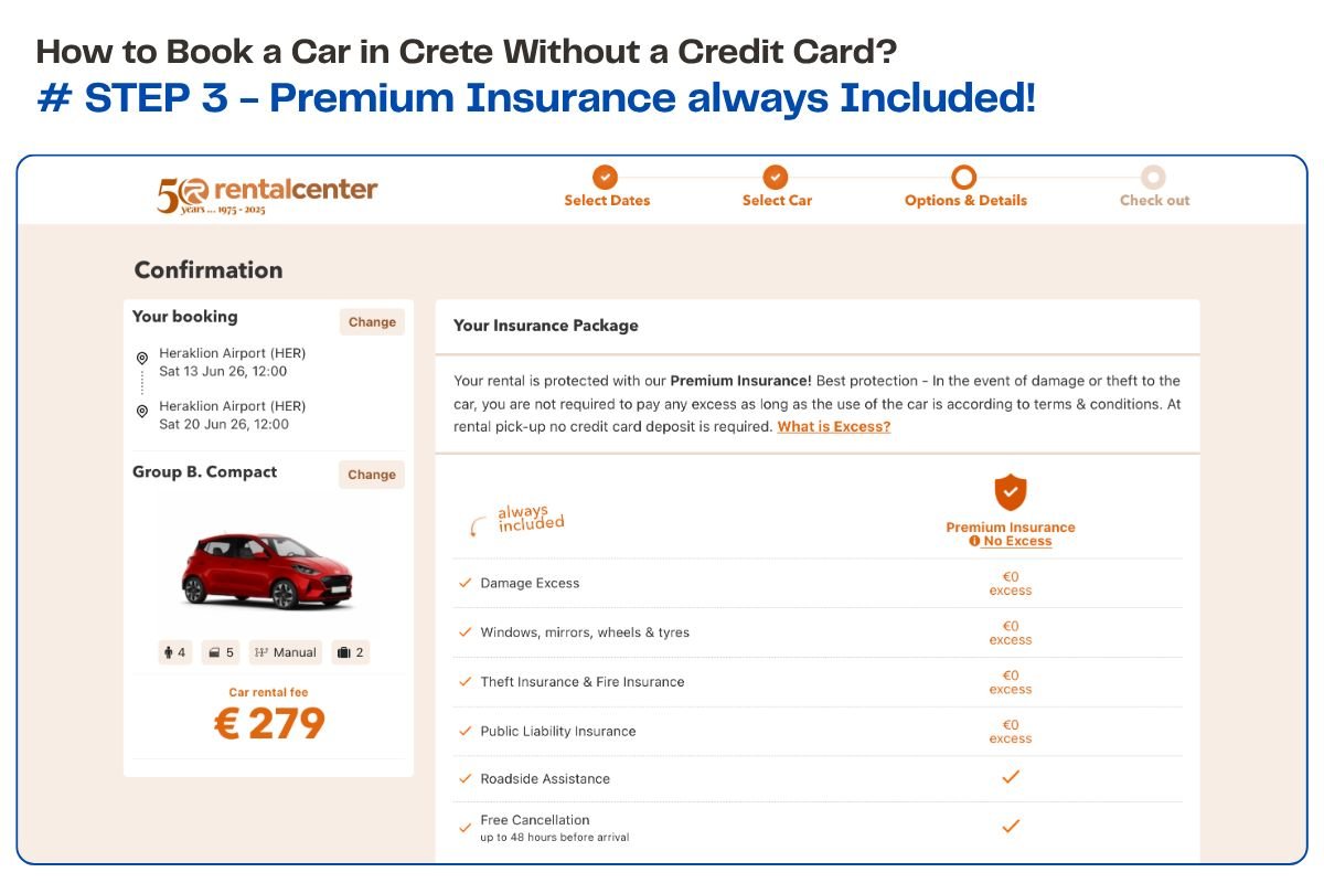 Step 3 of booking a car in Crete without a credit card &mdash; applying the no-deposit filter