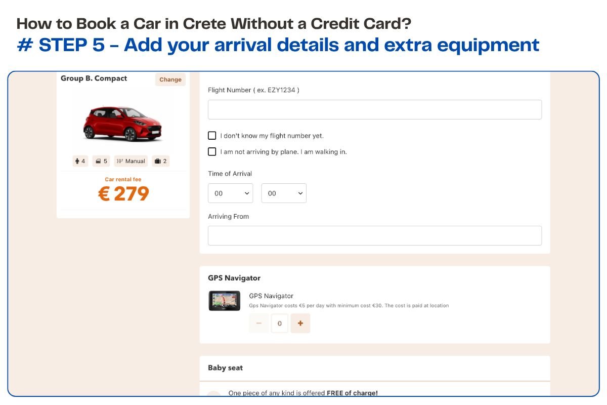 Step 5 of booking a car in Crete without a credit card &mdash; selecting pay on arrival at checkout
