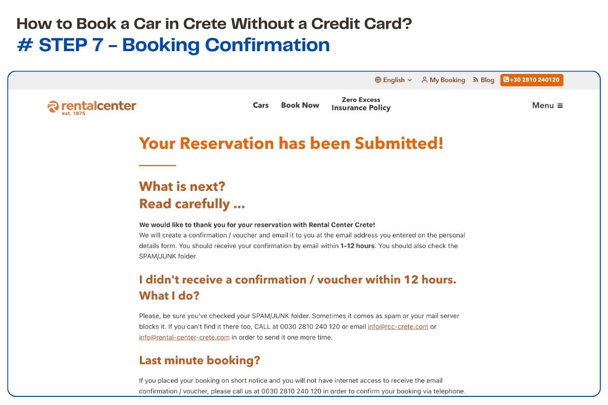 Step 7 of booking a car in Crete without a credit card &mdash; arrive, hand over documents, drive